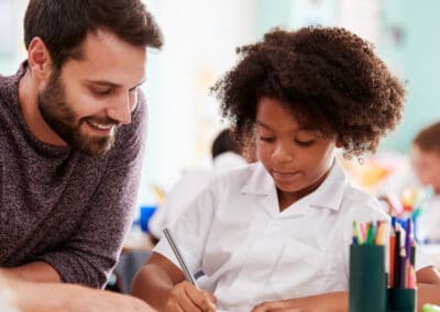 teacher, female pupil, writing, primary school